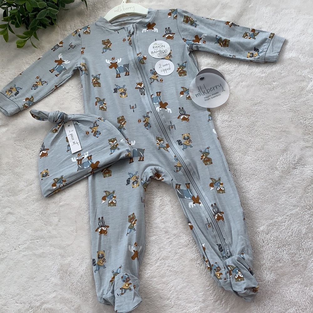 NWT Milkberry Animal Football Gray Footie w/ Beanie Hat Set 6-9M Bamboo